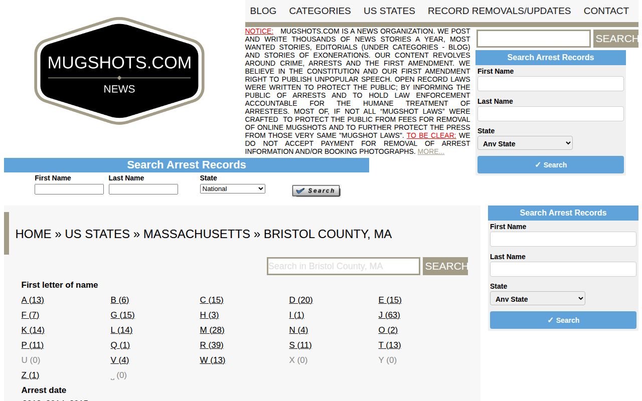 Unofficial Bristol County mugshot archive page