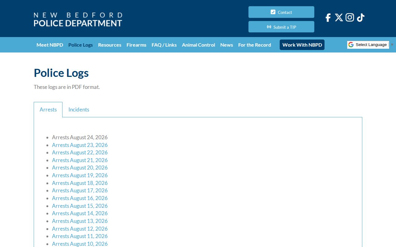 New Bedford Police official arrest log interface