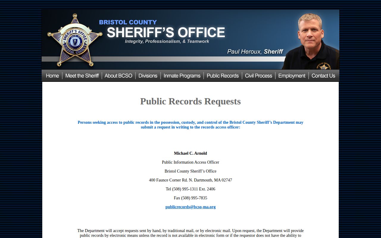 Bristol County booking record request page
